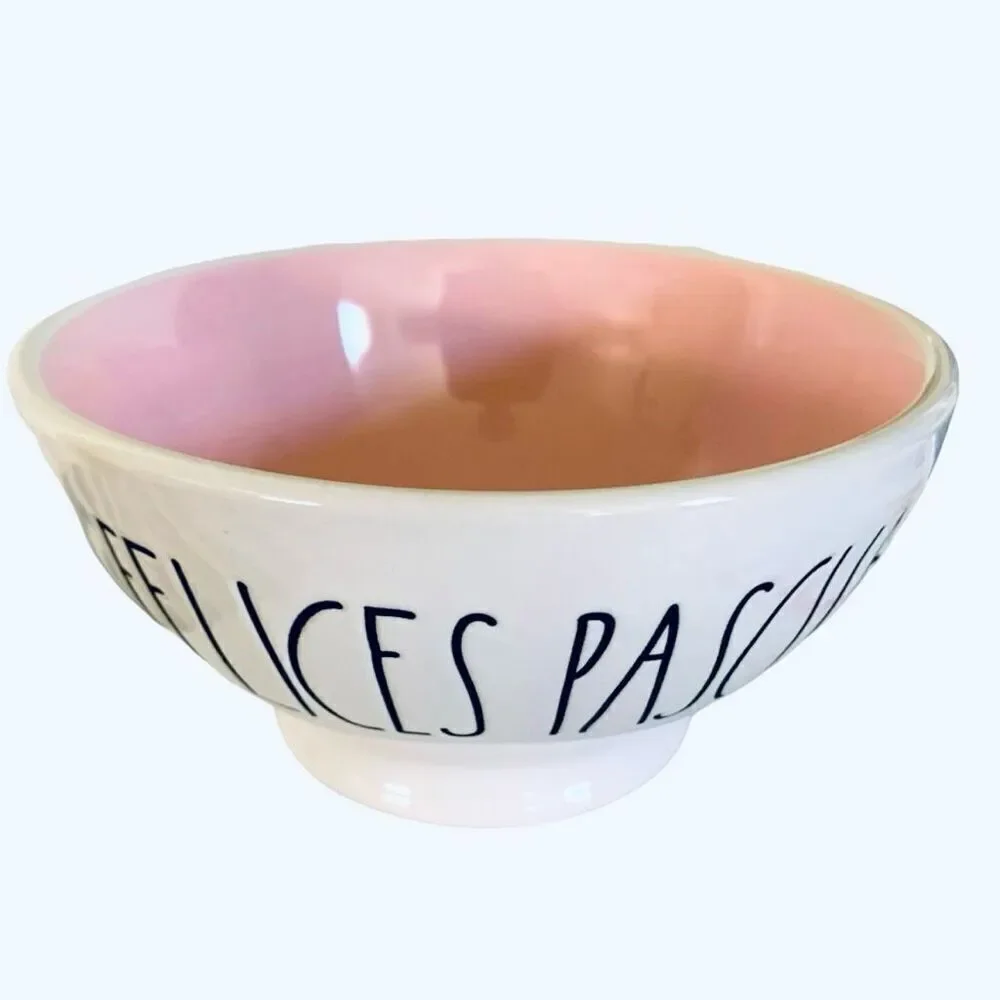 NWT Rae Dunn FELICES PASCUAS Spanish  Español white Pink Glossy Ceramic Bowl